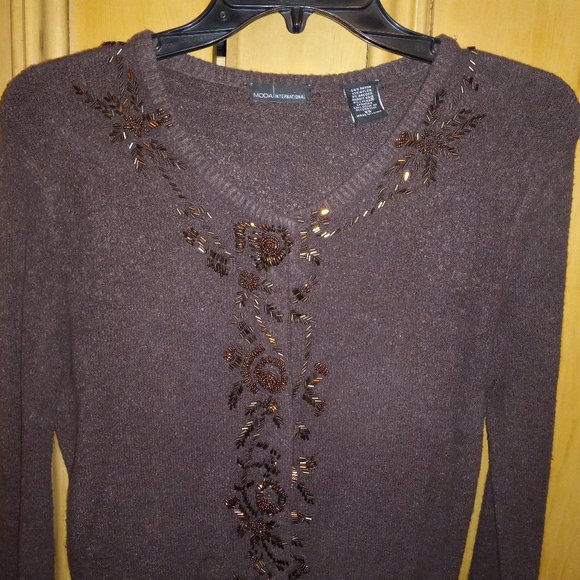 Moda International Chocolate Brown Button-Down Beaded Sweater Size XS (T-335) - Picture 3 of 8